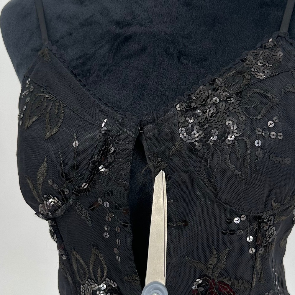Y2K Ole Ole Black Cami Sequin Floral Embroidery Top Smocked Back Women's Medium - Picture 2 of 9